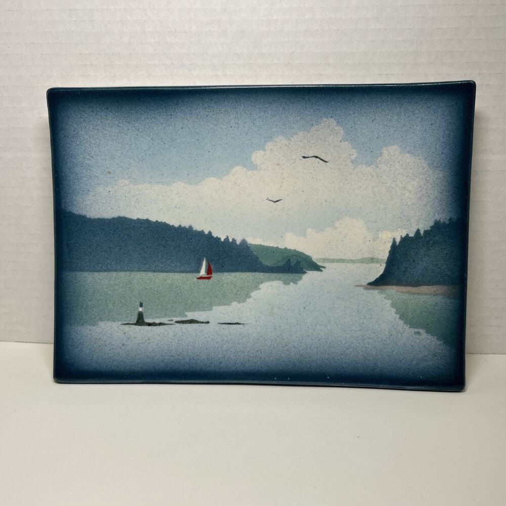 Alan Grout Stuido Pottery Blue Seascape Sailboat Wall Plaque / Sushi Tray 10×7"
